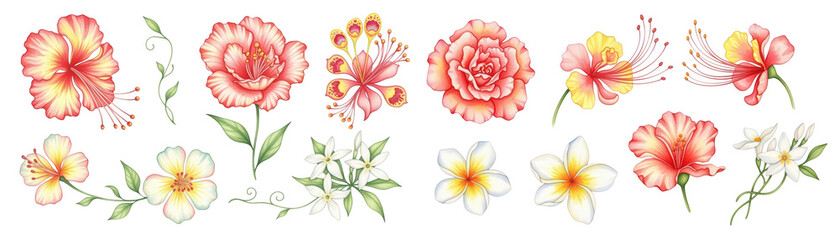 Fototapeta premium Beautiful collection of colorful tropical flowers showcasing vibrant hues and intricate details.