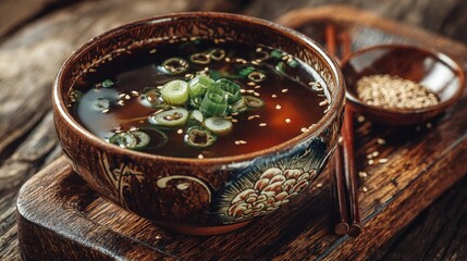 Dark brown soup in ornate bowl, garnished with green onions and sesame seeds