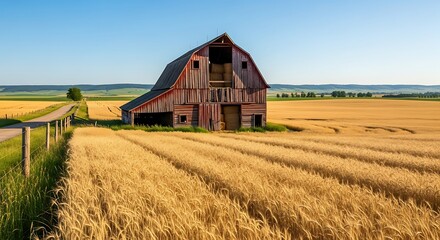 Obraz premium Picturesque countryside landscape with golden wheat field and rustic barn at daytime