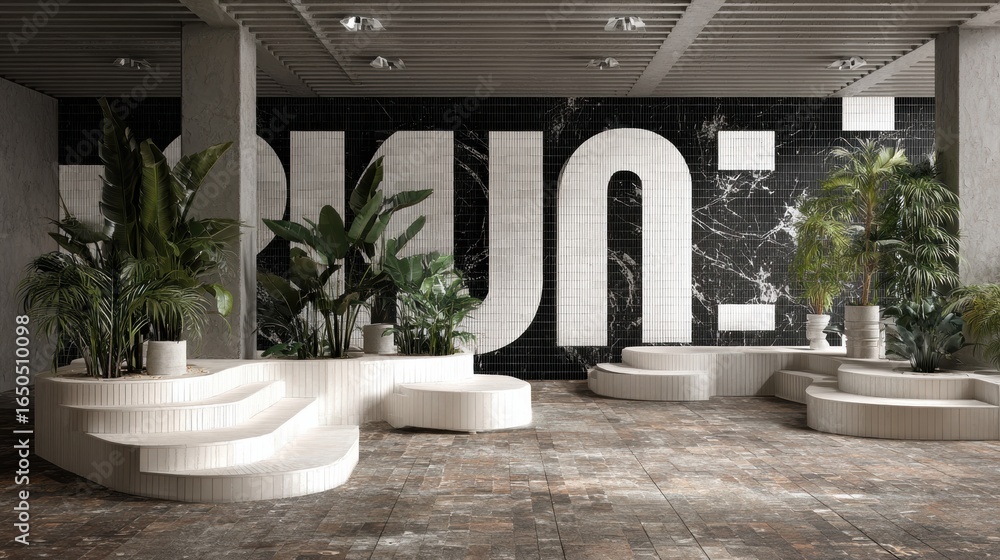 Poster modern architectural space featuring minimalistic design with large typography and greenery in a sty