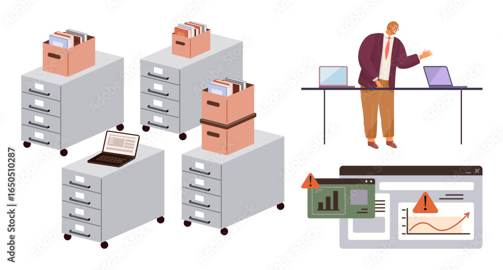 Poster filing cabinets with document boxes and laptops represent physical storage solutions. a businesspers