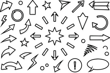 Collection of hand drawn arrows stars lightning bolts and circles in black outline on white background