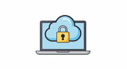 Cartoon laptop with a secure cloud and padlock icon on screen symbolizing data protection.