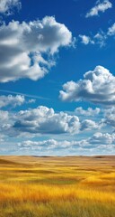 Golden field under a vibrant blue sky with fluffy white clouds