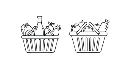 Grocery Shopping Baskets Line Art Illustrations