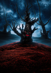 Mysterious black cat on spooky smiling tree