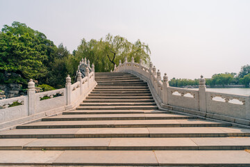 Beijing, China - june 2 2025 China traditional tourist boats on Beijing canals of Qianhai lake at ShiChaHai district