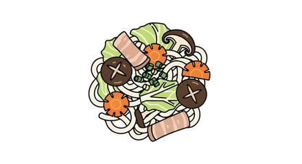 Colorful cartoon illustration of a Japanese udon noodle dish with pork shiitake mushrooms and fresh vegetables.