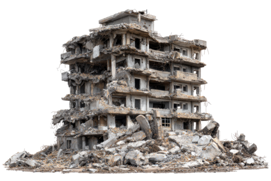 Ruined multi-story building in demolition