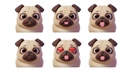 Obraz premium Pug dog faces set with various expressions