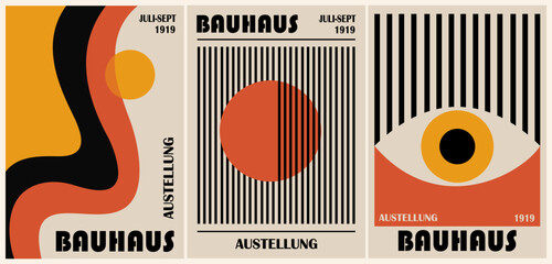 Set of Bauhaus vector posters with bold geometric shapes, abstract lines, and retro typography. Modernist design inspired by 1919 Bauhaus exhibition, minimalist and graphic wall art © Creative_Juice_Art