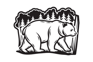 Bear Silhouette with Pine Trees, Nature on White Background