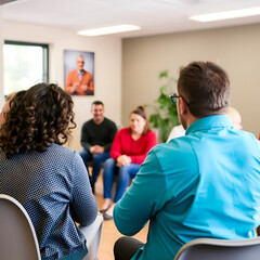 A drug addiction treatment facility, showing individuals in group therapy sessions, participating in activities that promote healing and recovery from substance abuse.