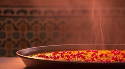 Golden saffron paella with pomegranate seeds on terracotta backdrop, festive Spanish culinary delight.