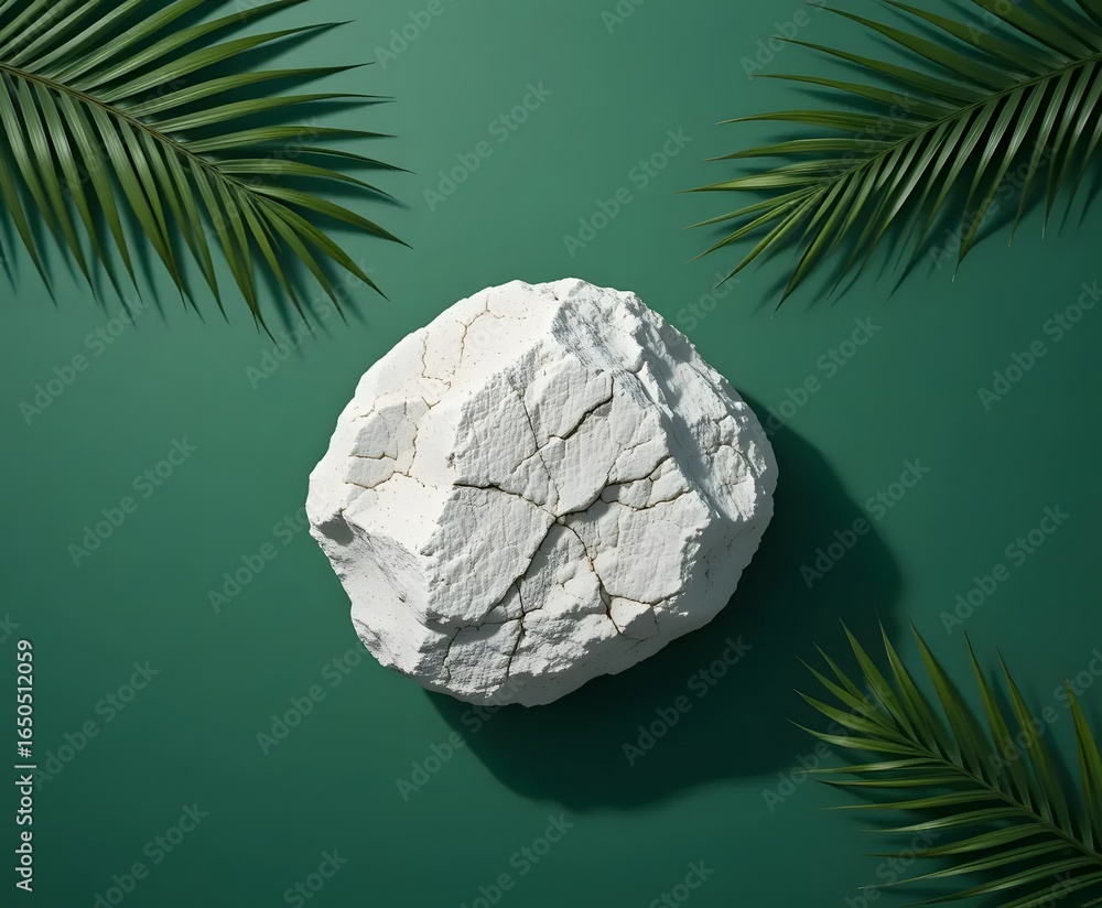 Poster elegant display with textured rock and palm leaves on a modern green background for product showcase