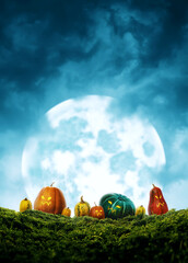 Cute colorful halloween pumpkins on grass and massive moon