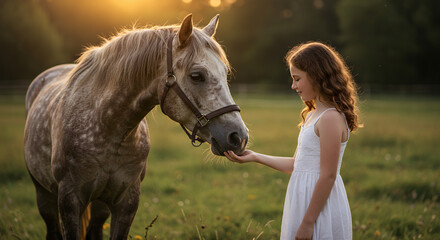 Girl interacting with a grey horse during sunset in a field  
