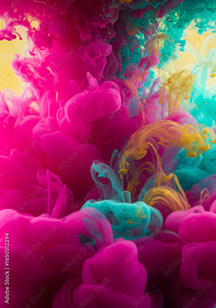 Poster vibrant chromatic bursts and ethereal wisps of color dissolving in liquid creating an abstract maste