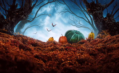 Mysterious dark trees, pumpkins and flying bats