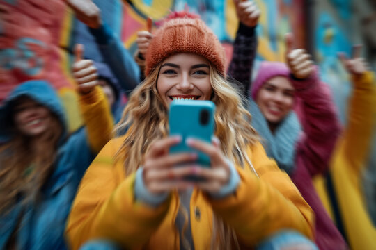 A smiling young woman is surrounded by people capturing the moment with their phones, radiating positivity and warmth.