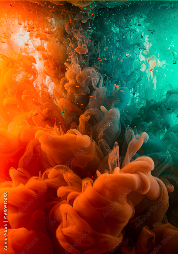 Poster ethereal abstract of orange and turquoise ink mixing and diffusing gracefully in water creating a me