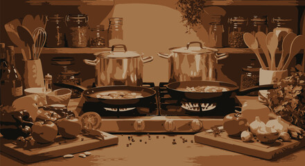 Detailed vector illustration of a gourmet kitchen with food simmering in pans on a stovetop, surrounded by fresh ingredients and utensils