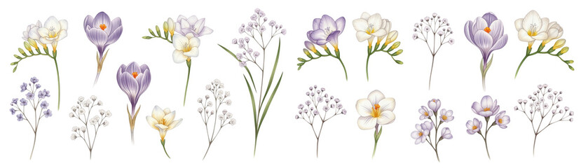 A vibrant collection of crocus and lily of the valley flowers in pastel colors.