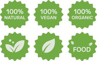 Green EcoFriendly Badges 100% Natural, Vegan, Organic, PlantBased, and Raw Food Icons Set
