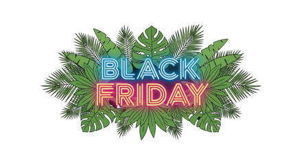 Illustrated Black Friday neon sign with glowing blue and red text surrounded by lush green tropical leaves.