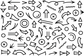Abstract seamless pattern with hand drawn arrows geometric shapes and doodle elements isolated on white background for creative design and decoration 
