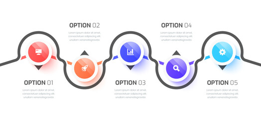 Fototapeta premium Business Timeline Infographic Presentation with Line, Circle Label, 5 Options and Icons