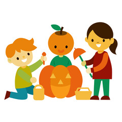 Children carving halloween pumpkins together with joyful spirit