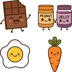 Happy Kawaii Food Characters: Chocolate, Peanut Butter, Jelly, Egg, Carrot