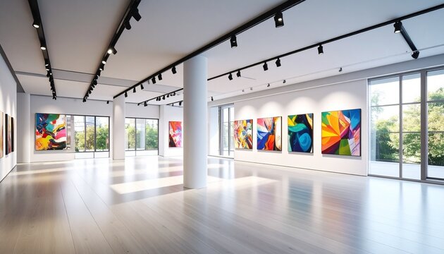A spacious modern art gallery with white walls, wooden floors, and vibrant abstract paintings, illuminated by natural light through large windows.