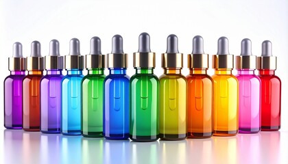 A row of vibrant glass dropper bottles with gold caps arranged in a color gradient from purple to red, showcasing elegant cosmetic packaging.