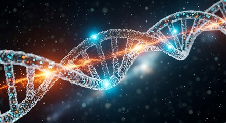 Luminous DNA double helix structure with vibrant orange and blue light points on a dark cosmic background.