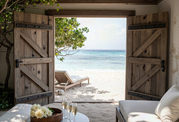 A serene view from a rustic wooden beach hut through open barn doors to a tranquil tropical beach, creating an idyllic and perfect vacation getaway escape.