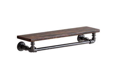 Industrial-style wooden shelf with black metal pipes.  Dark wood plank shelf supported by black metal pipes, creating a rustic industrial look.  A towel bar is integrated into the design