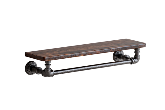 Industrial-style wooden shelf with black metal pipes.  Dark wood plank shelf supported by black metal pipes, creating a rustic industrial look.  A towel bar is integrated into the design