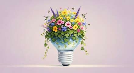 Creative lightbulb illustration brimming with a vibrant bouquet of colorful flowers, green leaves, hummingbirds, and bees, symbolizing eco-innovation.