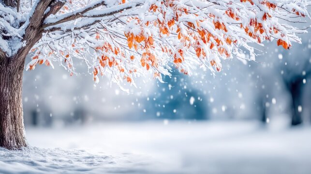 Winter's Embrace: An old tree, its branches adorned with a dusting of snow and lingering orange leaves, stands resilient against a gentle snowfall, creating a serene winter landscape.