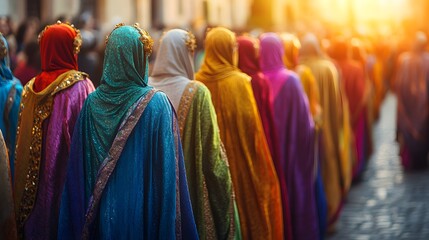 A vibrant procession of cloaked figures advances towards a radiant light, a symbolic journey evocative of folklore. Holiday Background. A colorful, captivating image.