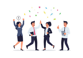 Four business colleagues celebrate success under colorful confetti
