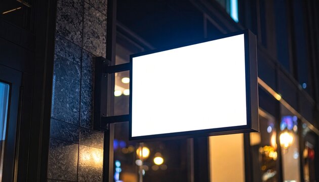 Square glowing blank sign for a business logo mockup. Outdoor advertising banner on a building facade in a city at night with copy space.