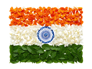  An image of the Indian flag where the saffron and green bands are made of flowers and leaves on transparent background