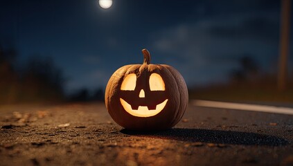 Illuminated Jack-o'-lantern on a dark road at night under a full moon
