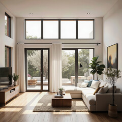 A bright, modern living room with high ceilings and large windows that open to a garden patio, creating a seamless and airy indoor-outdoor living experience. 
