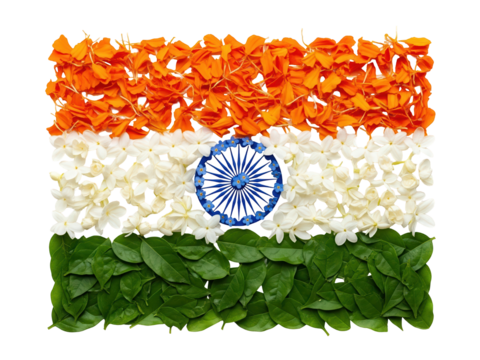  An image of the Indian flag where the saffron and green bands are made of flowers and leaves on transparent background