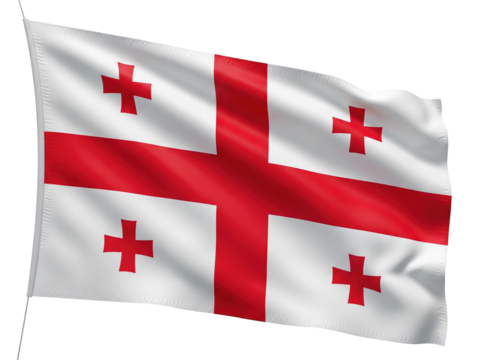A realistic 3D render of the Georgian flag with its five red crosses on transparent background