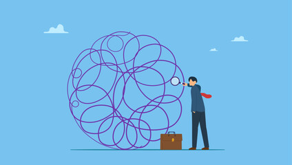 Businessman analyze mess with magnifying glass. Analyze problem finding solution or opportunity, look for details to solve problem, discovery or search, root cause analysis or troubleshooting. 